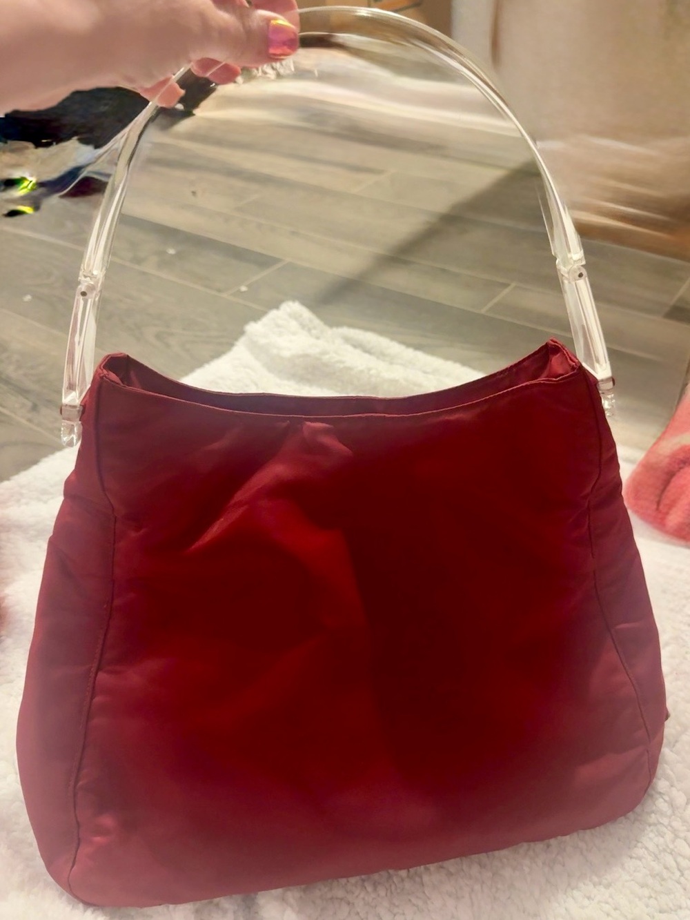 PRADA Linea Rossa Lucite Clear Handle Red Nylon Shoulder Bag Vintage Y2K RARE